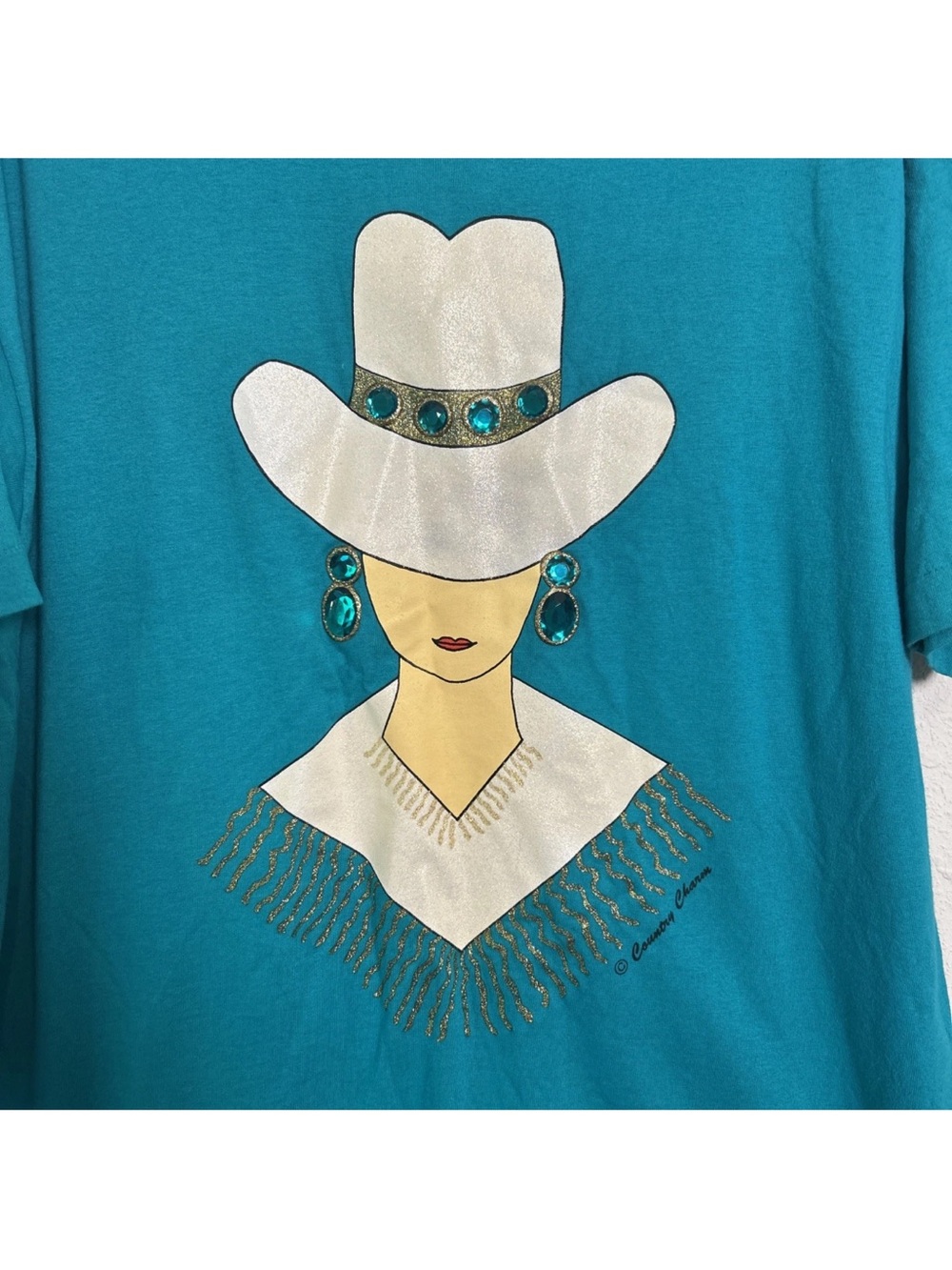 Vtg 90s Country Charm Jewels Gems Fruit Of The Loom Single Stitch Green Tee XL - Picture 2 of 14